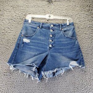 Express Shorts Womens Size 10 Blue Curvy Super High Rise Distressed Denim Jorts